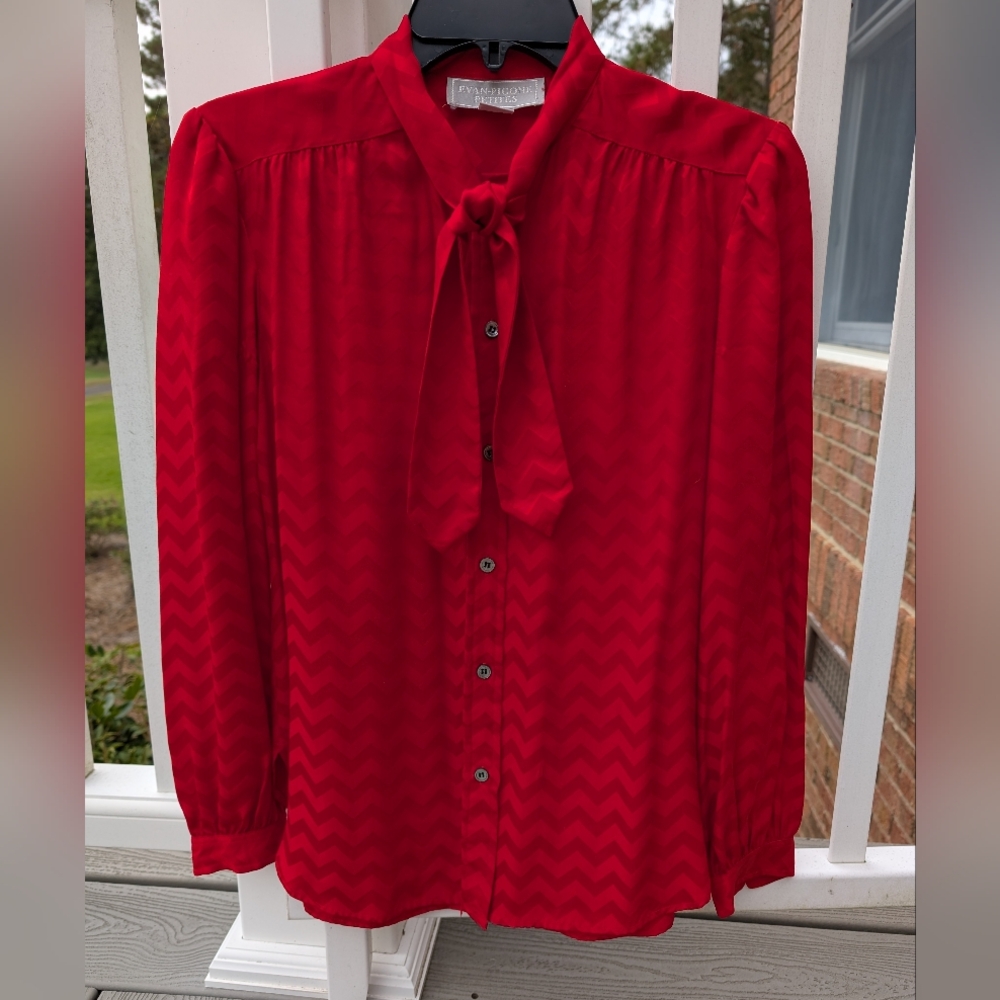 Evan Picone Silk Blouse with Chevron Pattern and Bow